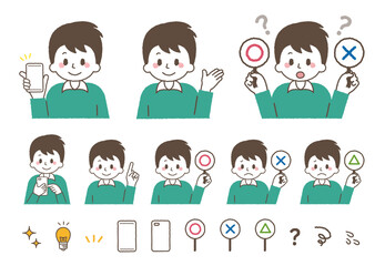 様々なジェスチャーをする男性。指差しやマルバツ問題、スマホで紹介。