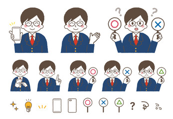 様々なジェスチャーをする学生。指差しやマルバツ問題、スマホで紹介。