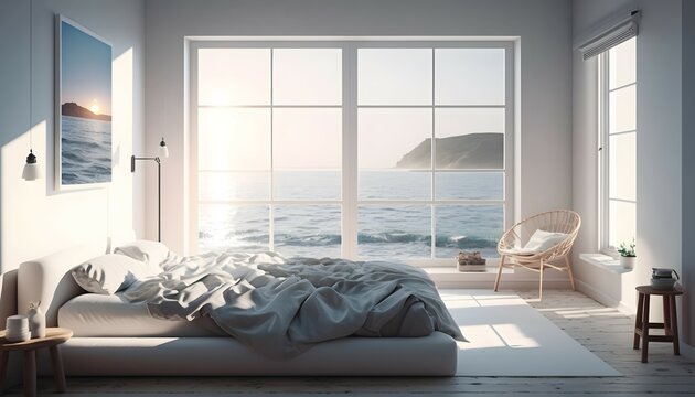 Full-length Photo Of Very Beautiful Taken Natural Morning Light In Living Room By The Sea Focus On Bed, Window In The Bedroom, Ultra Realistic, Ultra Sharp, Hyper Detailed, Background 8k Resolution