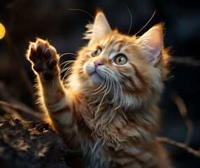 Little kitten gives high five on the street