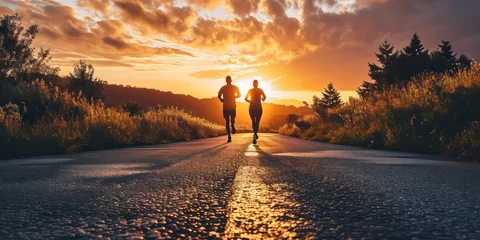 Foto op Plexiglas A couple warms up on the open road, preparing for their morning run as the sun rises, casting captivating light and shadows around them. © Nattadesh