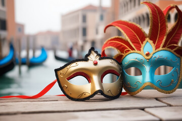 Two carnival masks, blurred background of Venice - obrazy, fototapety, plakaty