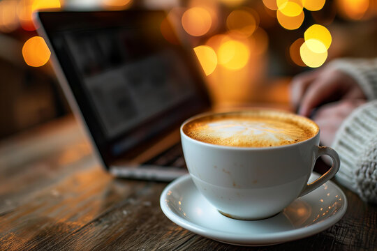 Close up image of freelancer or remote worker in a cozy coffee shop setting, working on laptop and enjoying coffee