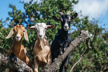 Goats on the branches of a large green tree in the desert