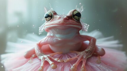 A charming portrait of a frog dressed in a ballet dancer's tutu and slippers, posed gracefully in a bright, airy studio setting