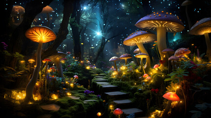 A magical forest filled with glowing mushrooms