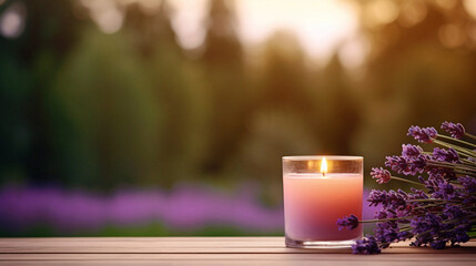 A burning candle and lavender flowers against the background of a garden. Banner with copy space.