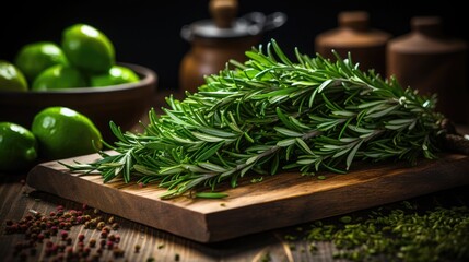 fresh herbs and spices on wooden table, rosemary