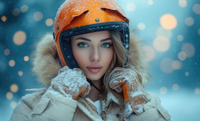 beautiful woman with orange moto helmet and gloves, winter time