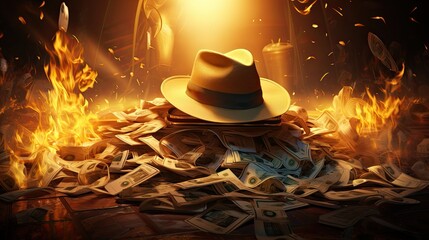 The hat is lying on a mountain of money and is on fire. Setting fire to a pile of money. The concept of the unimportance of the material - obrazy, fototapety, plakaty