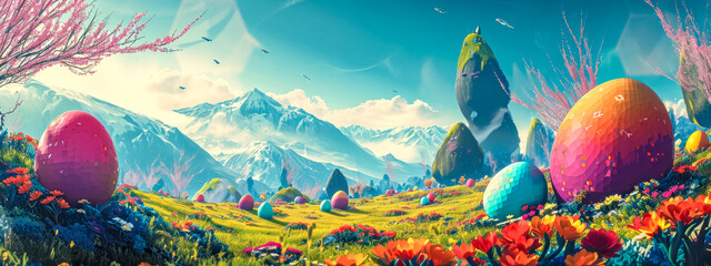  Vibrant Easter concept with oversized eggs in a mountainous landscape. - obrazy, fototapety, plakaty