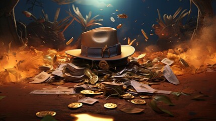 The hat is lying on a mountain of money and is on fire. Setting fire to a pile of money. The concept of the unimportance of the material - obrazy, fototapety, plakaty