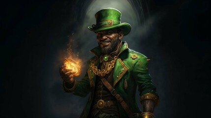 The leprechaun holds a glowing fireball in his hands. St. Patrick's Day