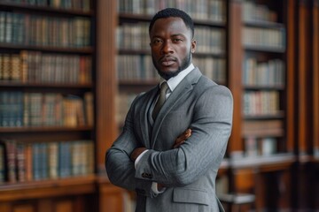 Black lawyer, in a suit, in front of a law library.