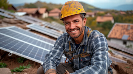 Obraz premium Portrait of a man, solar panel installer on a roof. 
