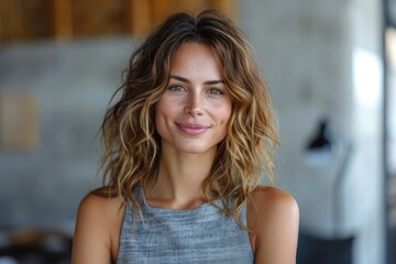 Obraz premium Smiling woman with wavy hair in a stylish indoor setting, showcasing a natural look and relaxed atmosphere during daylight