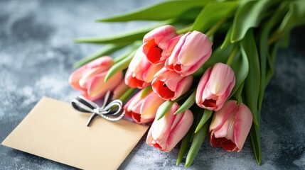 A beautiful bouquet of tulips with a blank tag for a name or birthday card