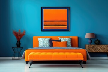 Bed and bench against wall with copy space. Orange and blue tones. Art deco interior design of a modern bedroom.