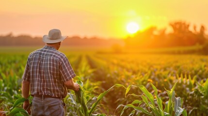 Farmer checking the quality of his corn field at the sunset