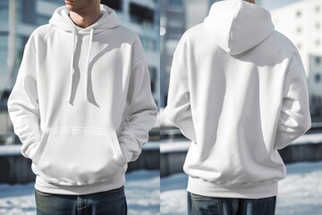 Front and Back of an Editable male white Hoodie. - obrazy, fototapety, plakaty