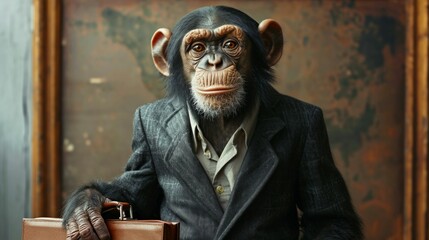 A humorous portrait of a monkey dressed in a business suit, holding a briefcase - obrazy, fototapety, plakaty