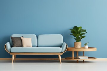Scandinavian home interior design of modern blue living room. Round coffee table near blue sofa