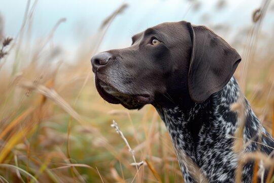 Hunting dog in tall grass. German Shorthaired Pointer.