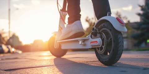 Urban Exploration: Foot on an Electric Scooter, Navigating the City with Eco-Friendly Speed, Embracing Green Energy and CO2 Neutrality., Generative AI
