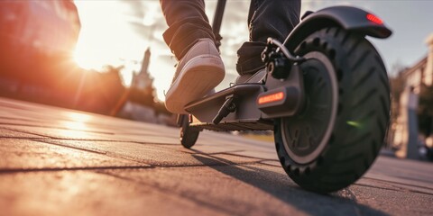 Urban Exploration: Foot on an Electric Scooter, Navigating the City with Eco-Friendly Speed, Embracing Green Energy and CO2 Neutrality., Generative AI