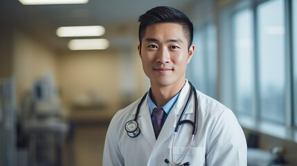 Portrait of a young Asian male doctor in a medical environment