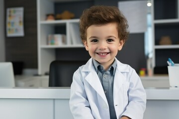 Smiling young boy in lab coat pretending to be a doctor for educational or healthcare related concepts