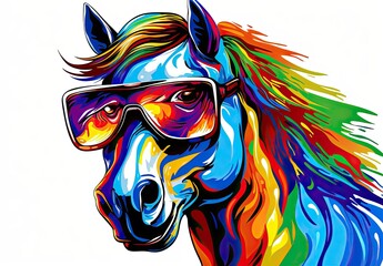 Horse muzzle with sunglasses. Close-up portrait of a stallion in trendy watercolor style. Digital art. Printed design of t-shirt, mug, case, etc. Illustration for varied design. - obrazy, fototapety, plakaty