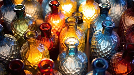 Fototapeta premium Rows of transparent empty glass bottles in a factory to be filled with a production product. Conveyor belt at the factory. Recycling of glass containers. Illustration for cover, brochure, ad, etc.