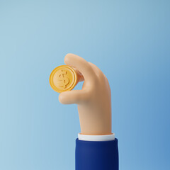Businessman cartoon hand holding coin with dollar sign isolated over blue background. 3d rendering.