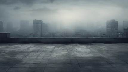 Foto auf Acrylglas Dunkelgrau Foggy Rooftop with Concrete Texture An image of a foggy rooftop with a grunge concrete texture and ambient city light reflections Perfect for rooftop event promotions