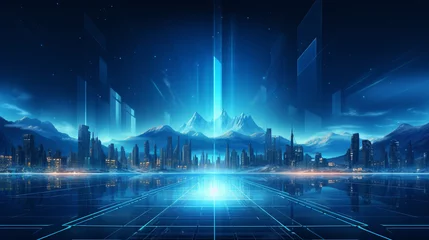 Foto op Plexiglas Futuristic Cityscape with Blue Mountain Background A futuristic cityscape silhouette against an abstract mountain background with blue light patterns, ideal for urban planning © 1st footage