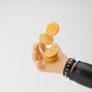 Rocker cartoon hand holding falling coins with ruble sign isolated over white background. 3D rendering.