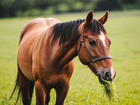 portrait of a horse eating grass