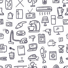 Fototapeta na wymiar Vector pattern is a collection of household appliances and electrical appliances for the home, hand-drawn in the style of doodles