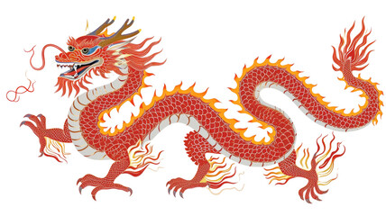 Fototapeta premium Illustration of a fiery red and orange dragon with intricate scales.
