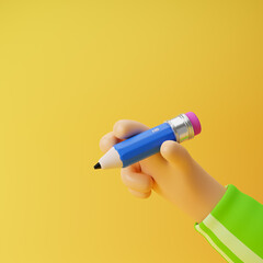 Athlete cartoon hand holding blue pencil with rubber eraser isolated over yellow background. 3D rendering.