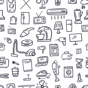 Vector pattern is a collection of household appliances and electrical appliances for the home, hand-drawn in the style of doodles