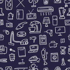 Vector pattern is a collection of household appliances and electrical appliances for the home, hand-drawn in the style of doodles