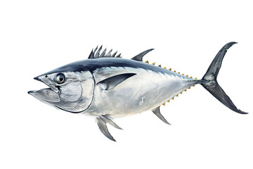 Atlantic yellowfin tuna mid-jump, showing off its streamlined shape and energetic posture against a neutral background