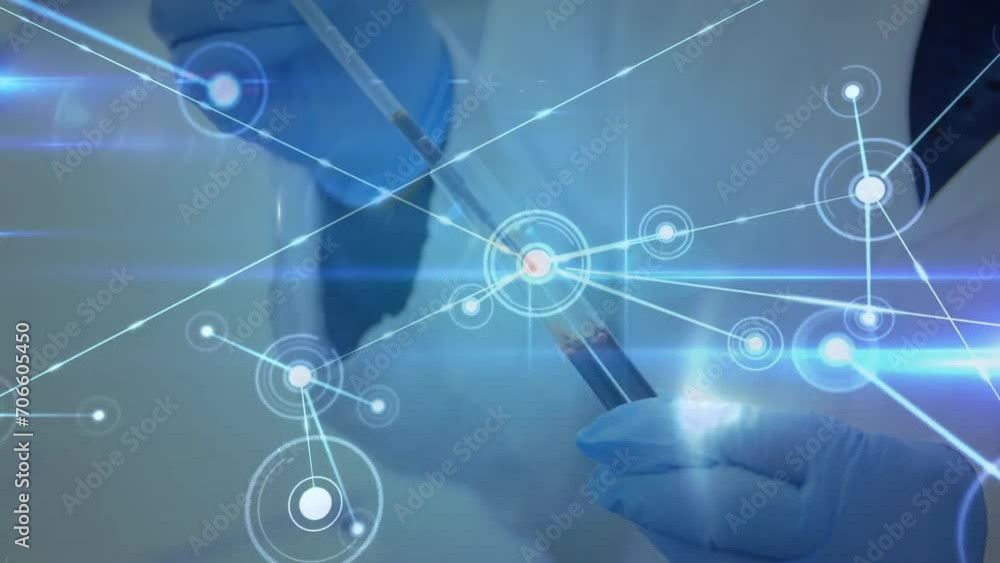 Poster animation of network of connections over caucasian scientist taking sample in lab
