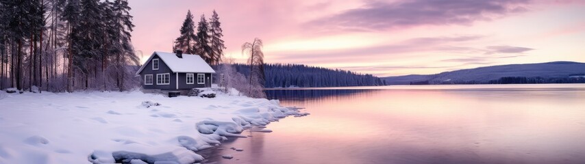 A hut on the shore of a frozen lake. A secluded cottage in the woods with a burning light in the window. Purple clouds in the sky