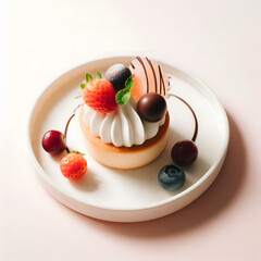 Cheesecake with strawberry, blueberry and, chocolate on a white plate, minimal gourmet decoration, generative ai