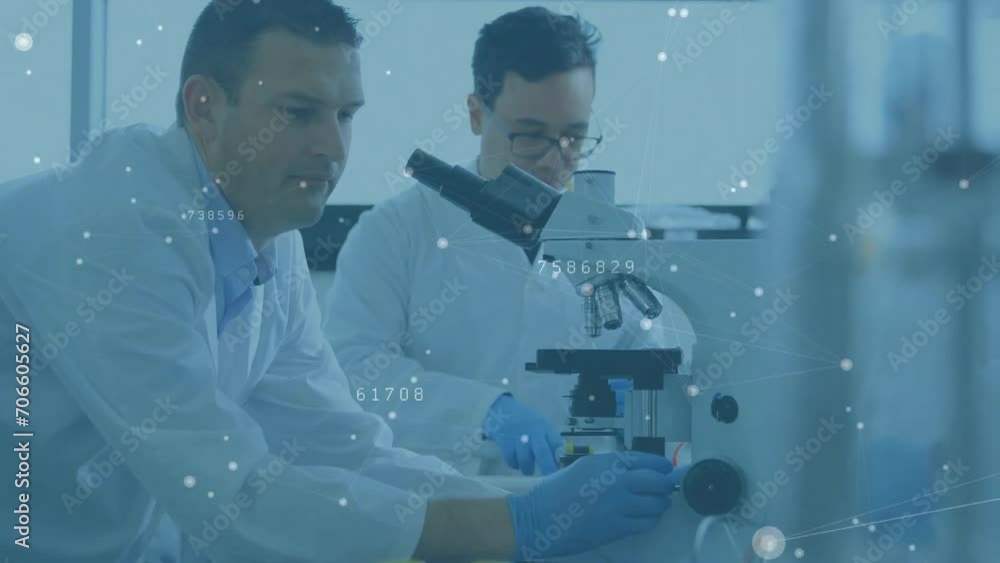 Poster animation of data processing and spots over diverse male scientists taking sample in lab
