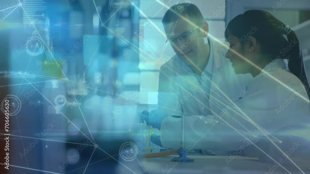 Poster animation of network of connections and data processing over diverse scientists talking in lab