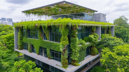 Fototapeta premium A building with a green rooftop and walls covered in lush vertical gardens